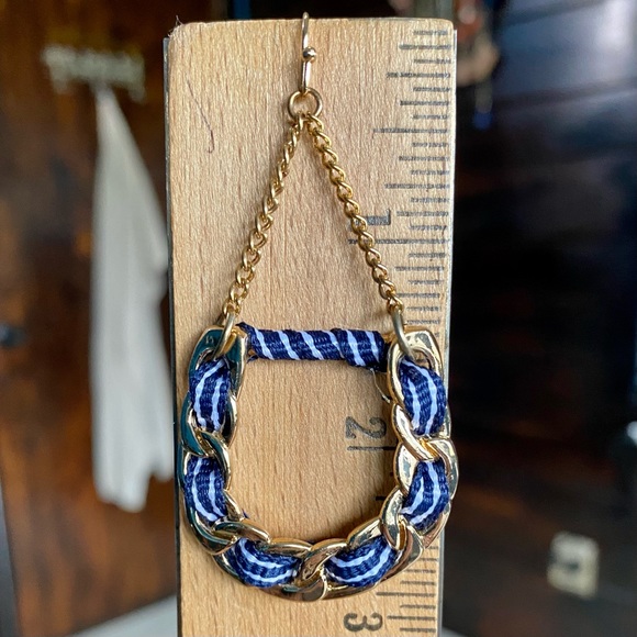 NAVY/WHITE BRAIDED CORD GOLD CHAIN DANGLE UNIQUE HOOK EARRINGS DENIM FESTIVAL - Picture 3 of 5